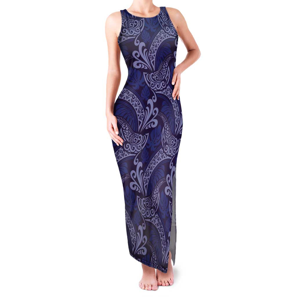 Deep Blue Monstera Family Matching Tank Maxi Dress and Hawaiian Shirt Polynesian Tribal Pattern - Polynesian Pride