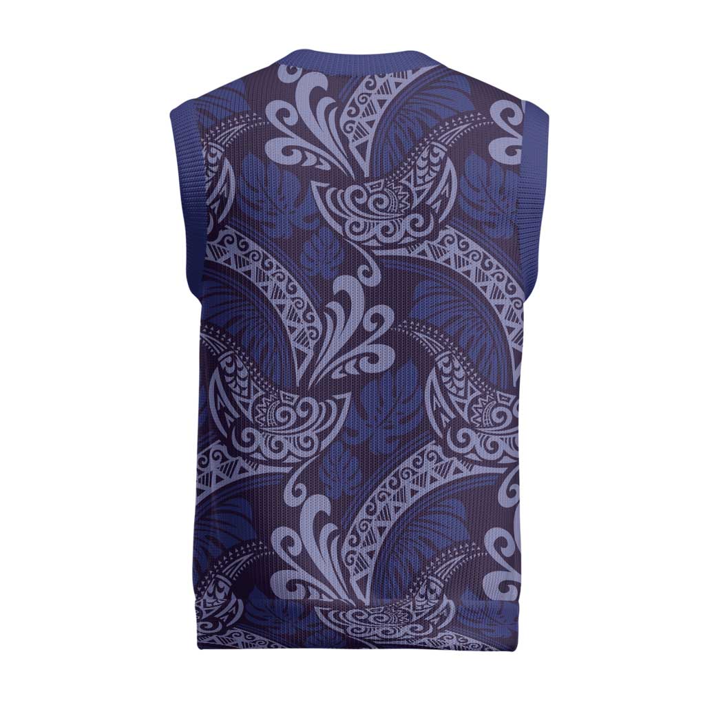Deep Blue Monstera Christmas Knitted V-Neck Vest Polynesian Tribal Pattern - Polynesian Pride