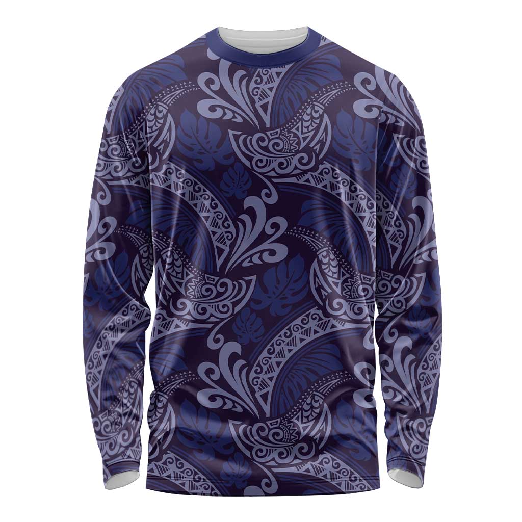 Deep Blue Monstera Long Sleeve Shirt Polynesian Tribal Pattern LT01 Unisex Blue - Polynesian Pride