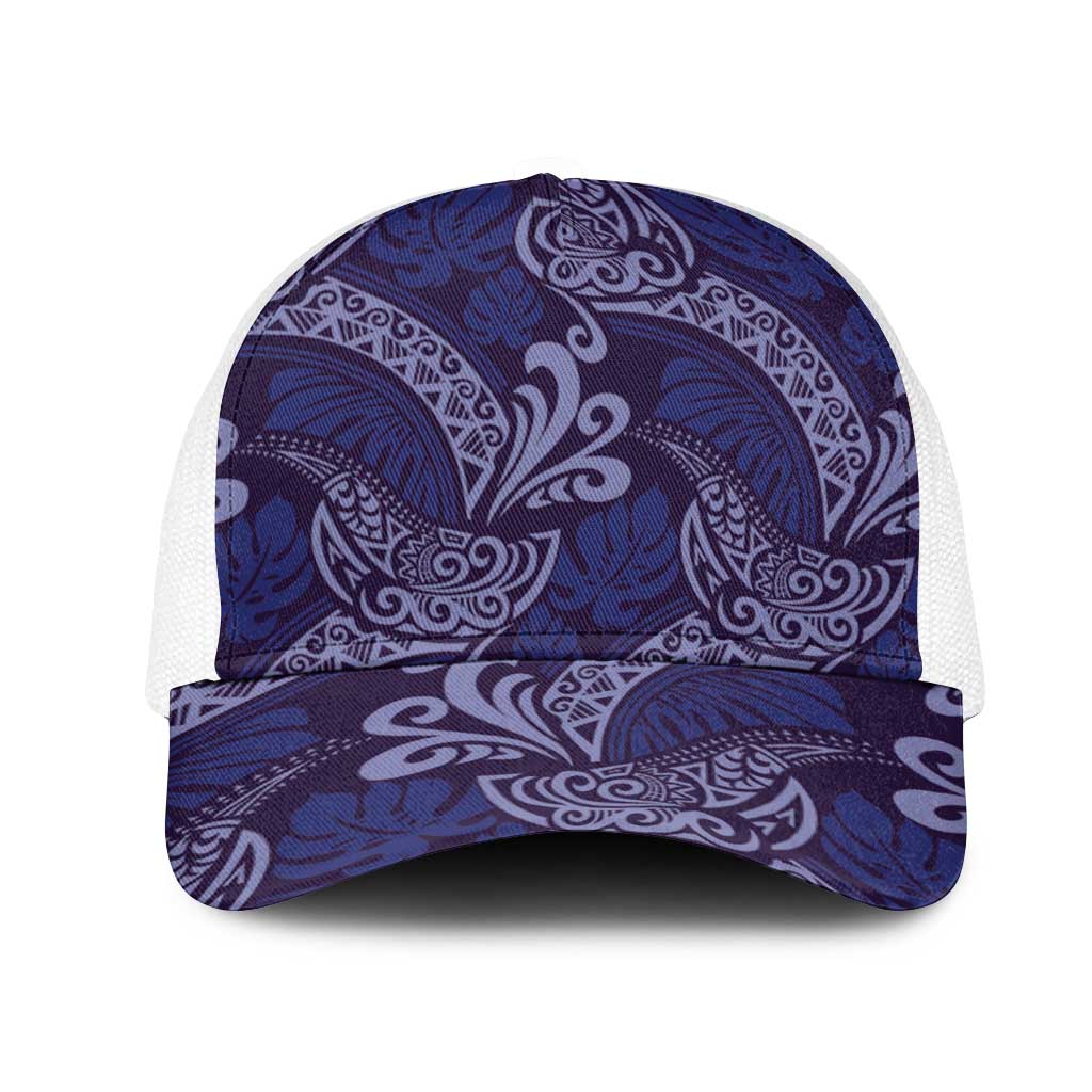 Deep Blue Monstera Mesh Trucker Cap Polynesian Tribal Pattern - Polynesian Pride