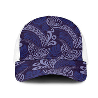 Deep Blue Monstera Mesh Trucker Cap Polynesian Tribal Pattern - Polynesian Pride
