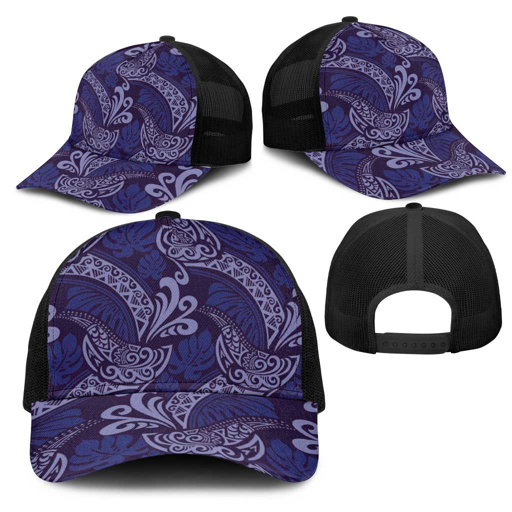 Deep Blue Monstera Mesh Trucker Cap Polynesian Tribal Pattern - Polynesian Pride