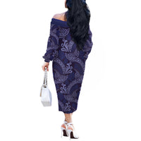 Deep Blue Monstera Off The Shoulder Long Sleeve Dress Polynesian Tribal Pattern LT01 - Polynesian Pride