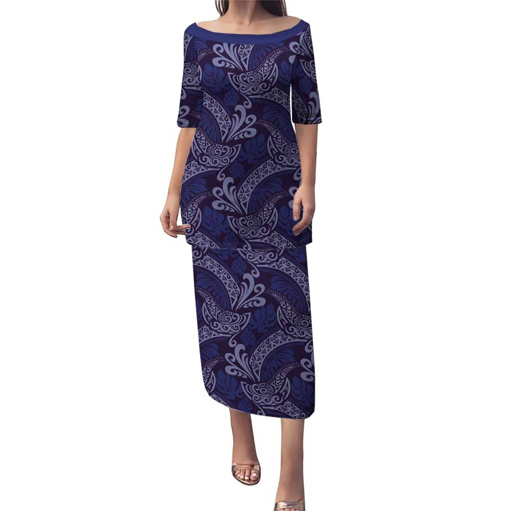Deep Blue Monstera Puletasi Polynesian Tribal Pattern - Polynesian Pride