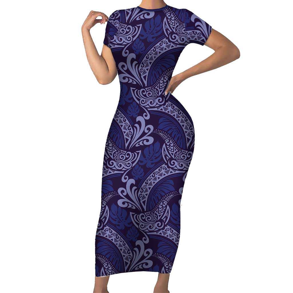 Deep Blue Monstera Short Sleeve Bodycon Dress Polynesian Tribal Pattern LT01 Long Dress Blue - Polynesian Pride
