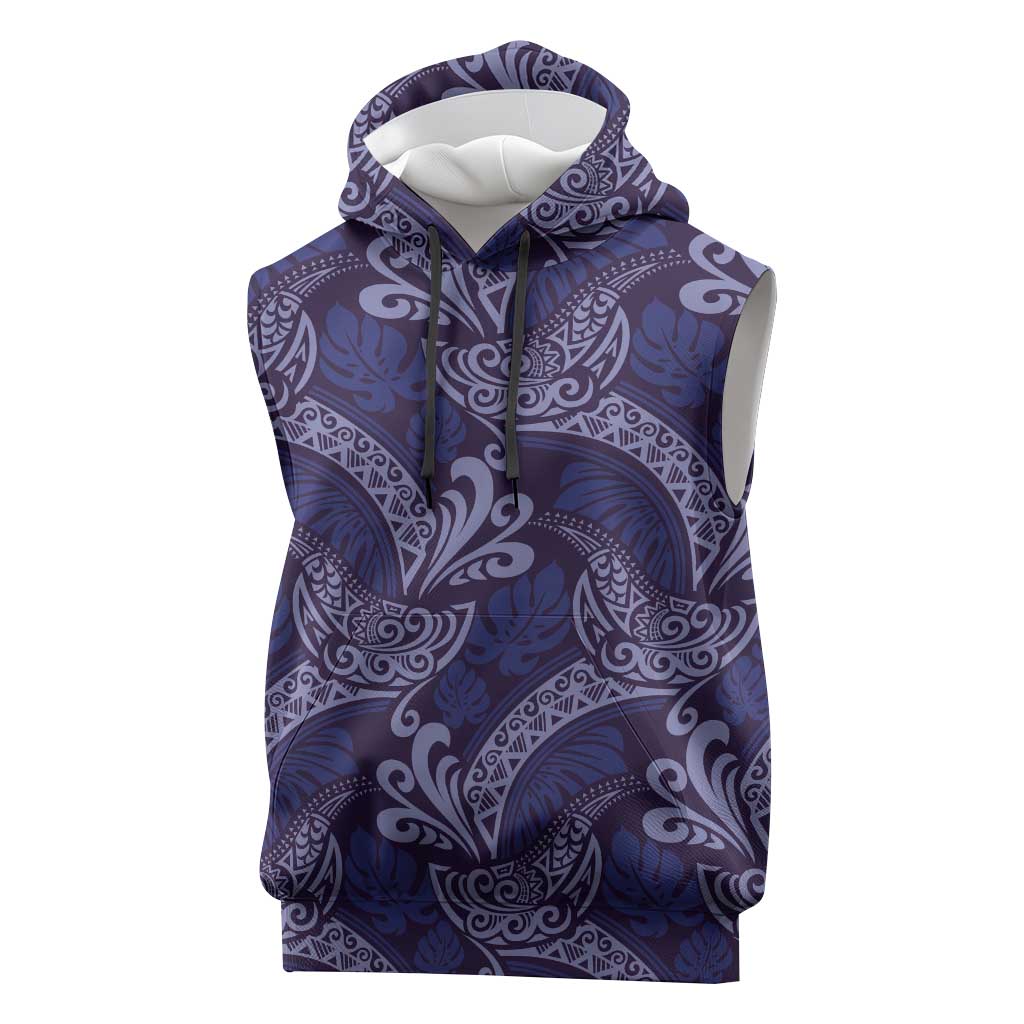 Deep Blue Monstera Sleeveless Hoodie Polynesian Tribal Pattern LT01 Blue - Polynesian Pride
