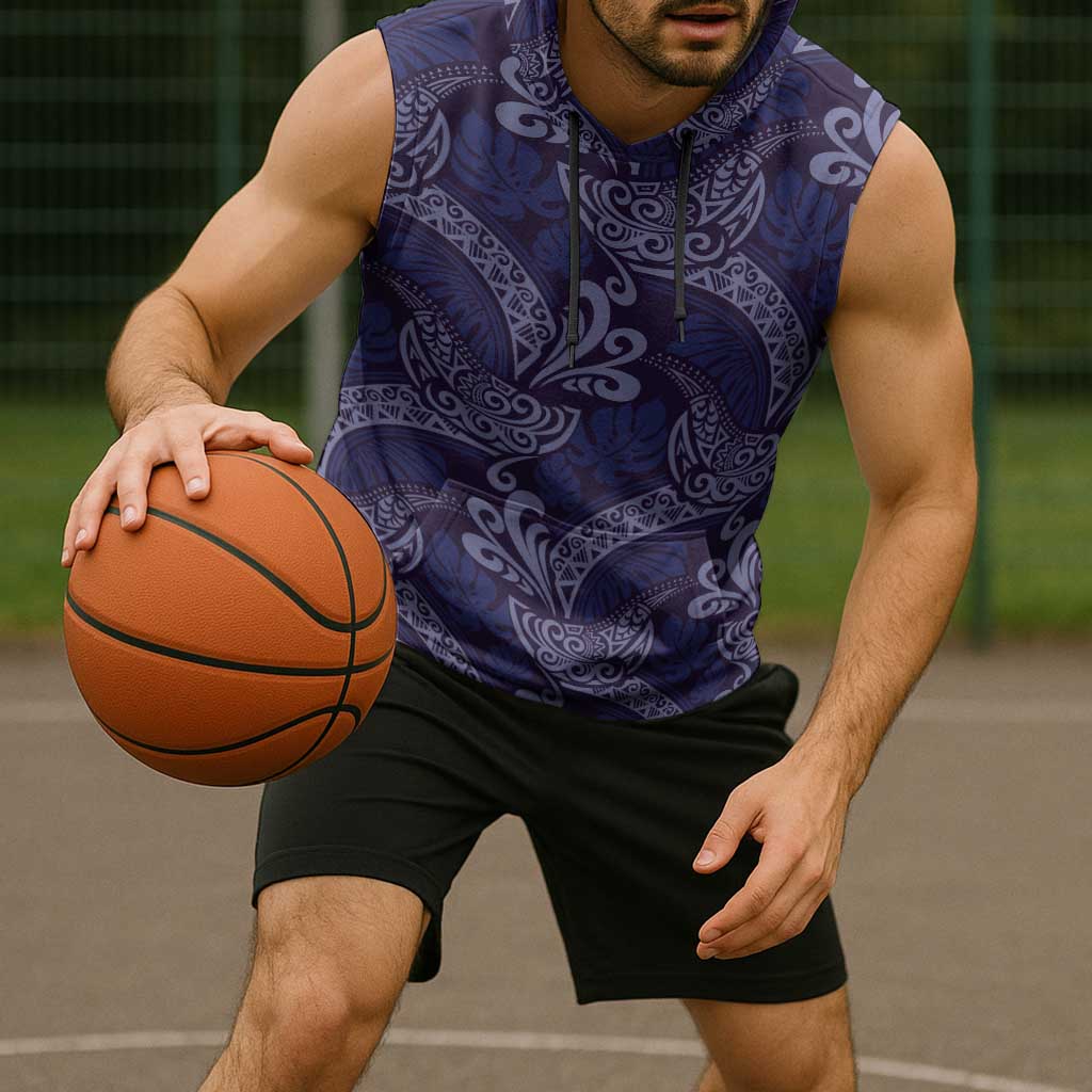 Deep Blue Monstera Sleeveless Hoodie Polynesian Tribal Pattern - Polynesian Pride