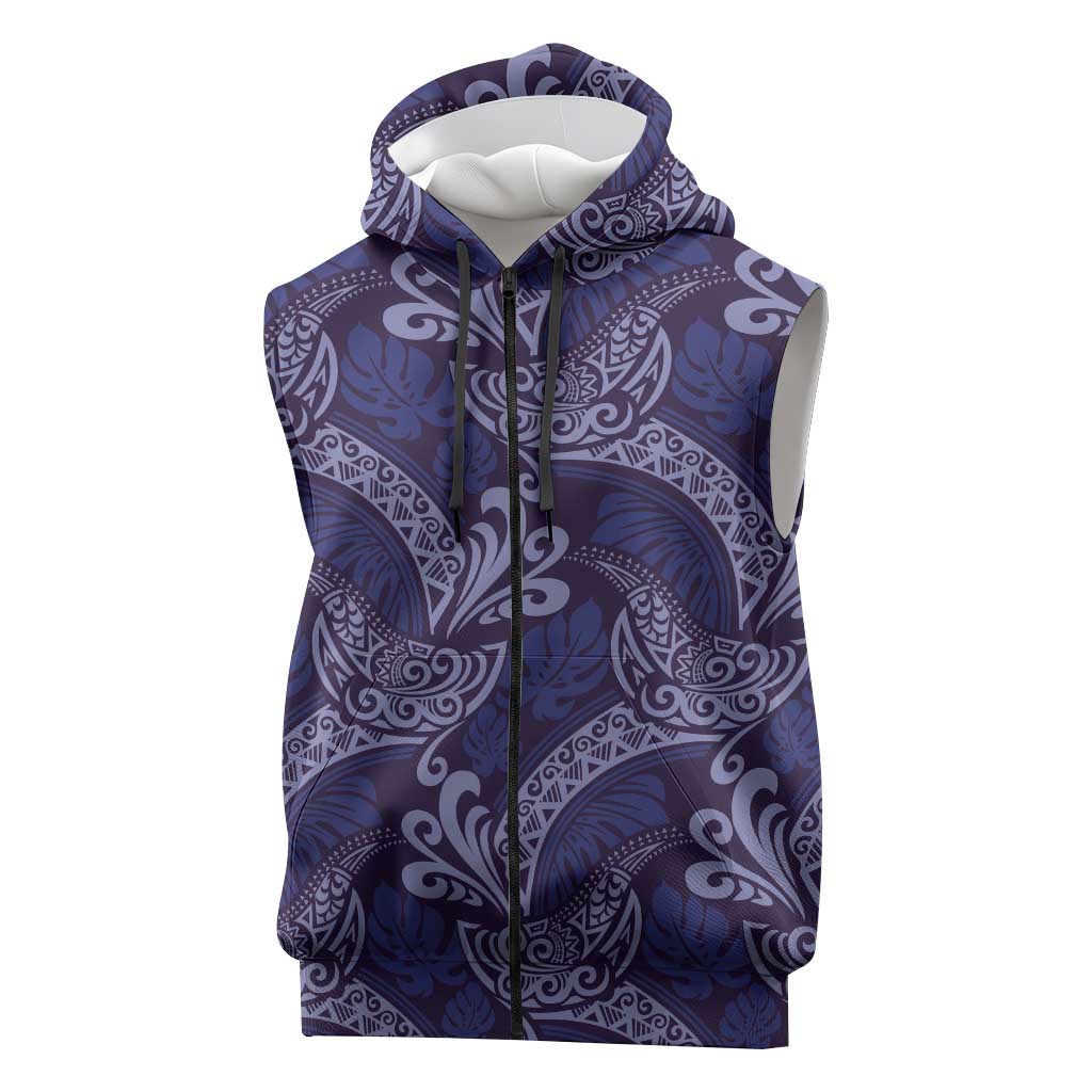 Deep Blue Monstera Sleeveless Zip Hoodie Polynesian Tribal Pattern LT01 Blue - Polynesian Pride