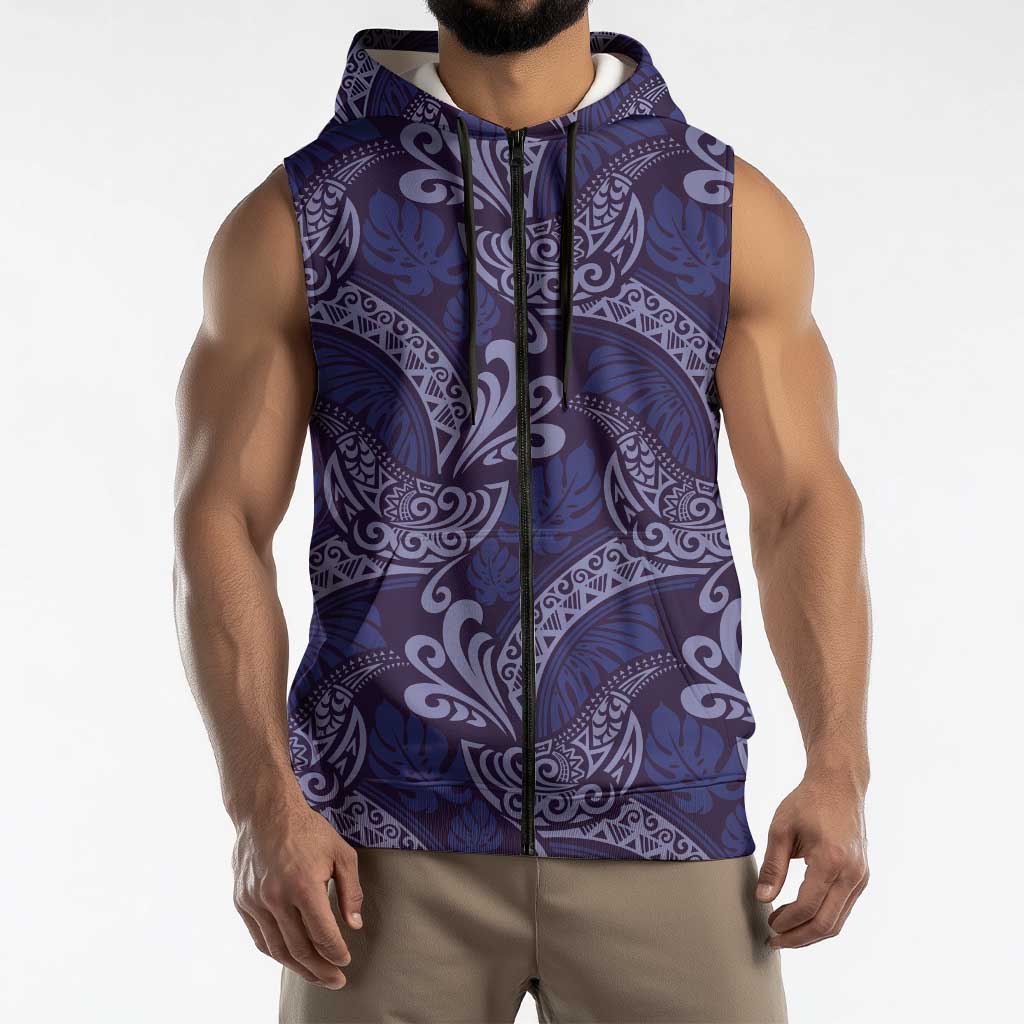 Deep Blue Monstera Sleeveless Zip Hoodie Polynesian Tribal Pattern - Polynesian Pride