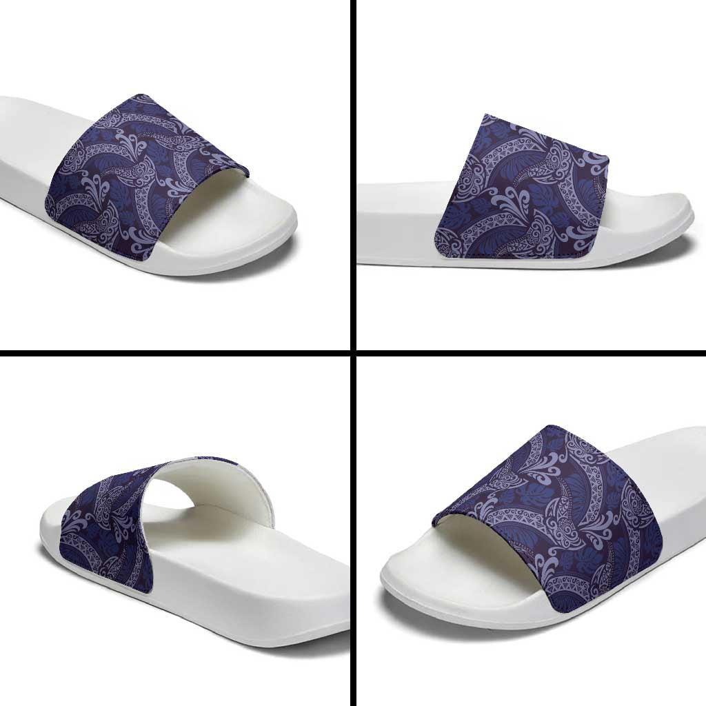Deep Blue Monstera Slide Sandals Polynesian Tribal Pattern - Polynesian Pride