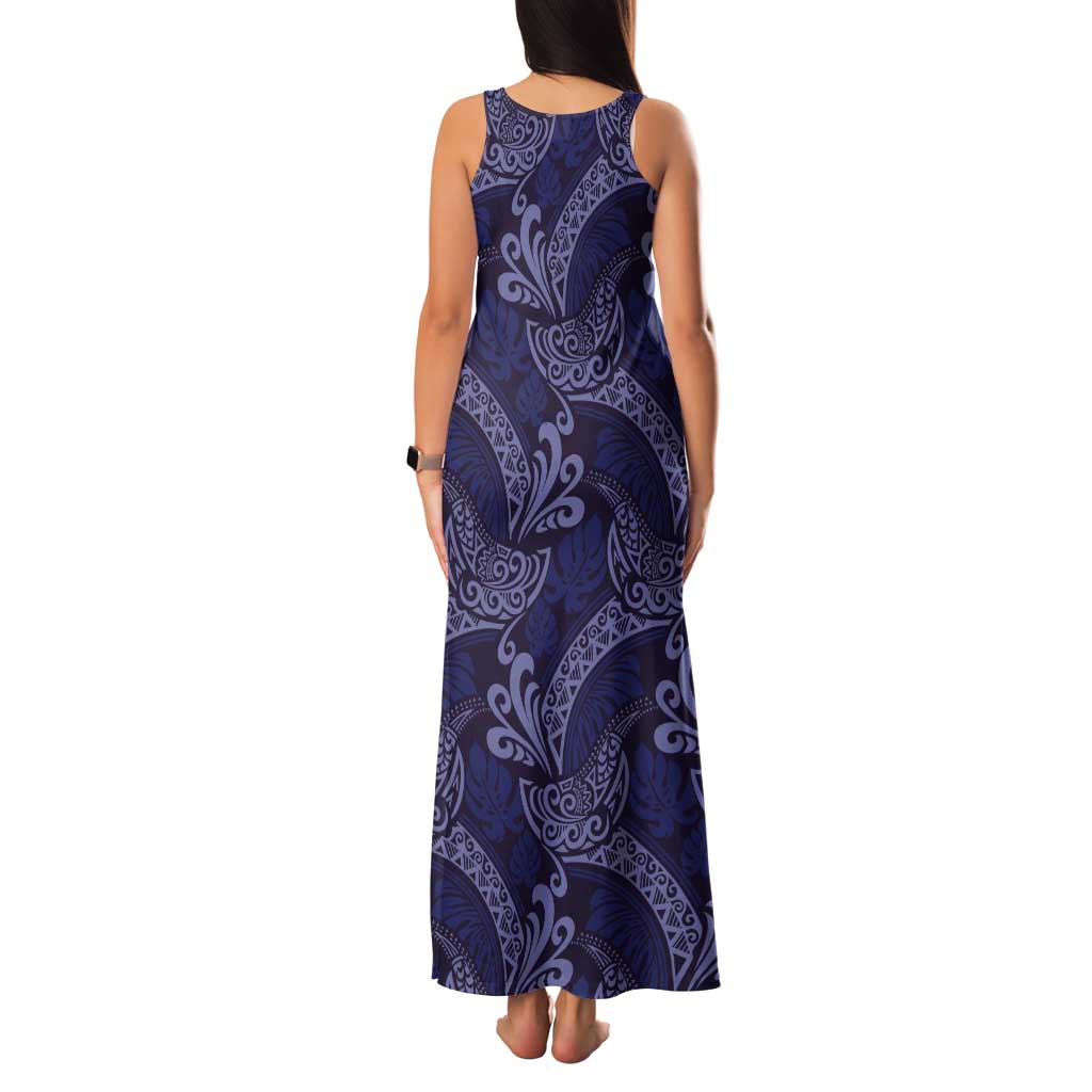 Deep Blue Monstera Tank Maxi Dress Polynesian Tribal Pattern - Polynesian Pride