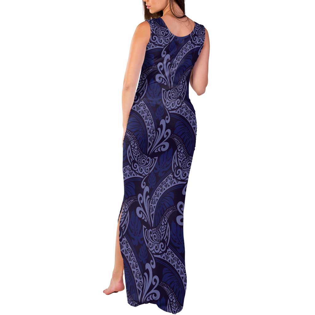 Deep Blue Monstera Tank Maxi Dress Polynesian Tribal Pattern - Polynesian Pride