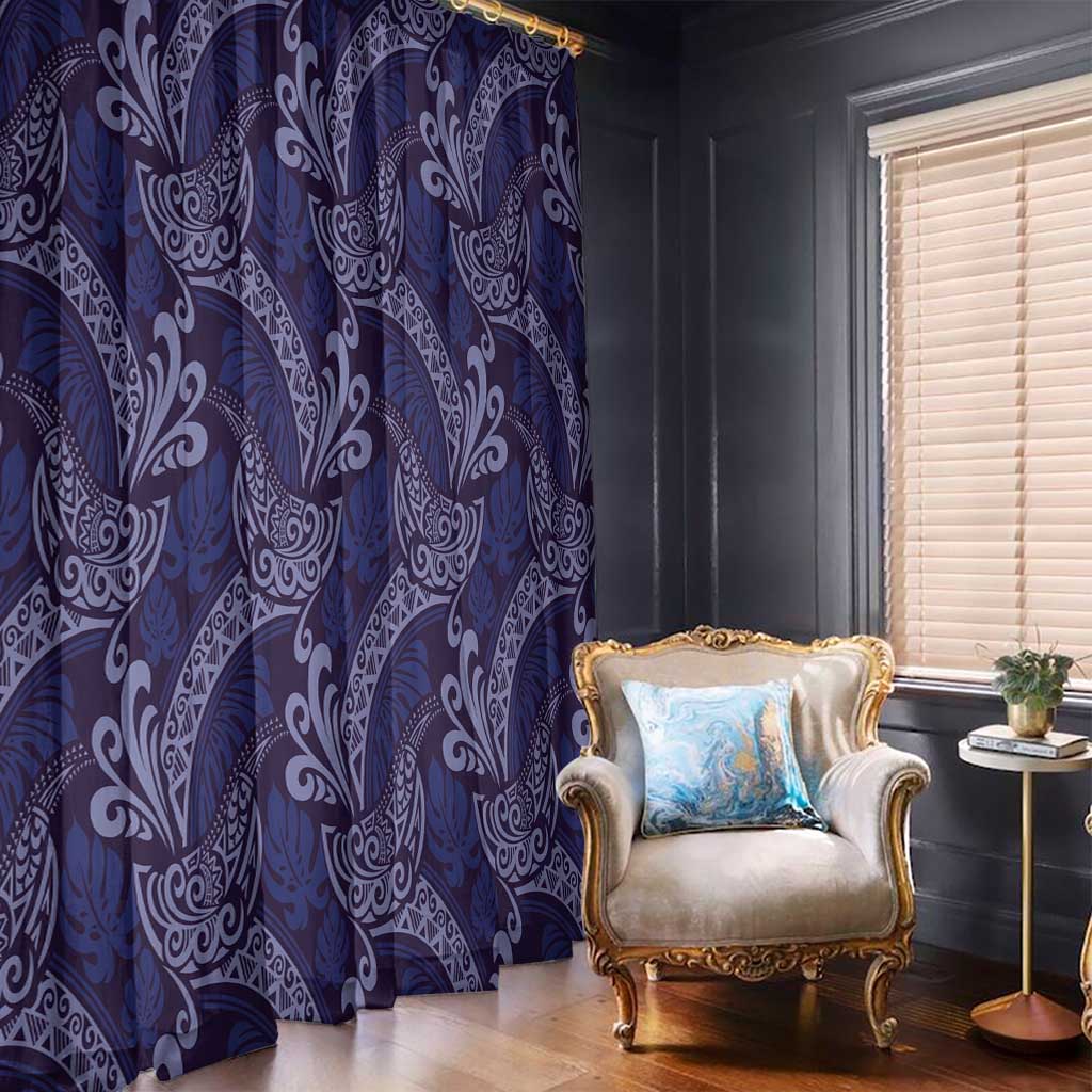 Deep Blue Monstera Window Curtain Polynesian Tribal Pattern - Polynesian Pride