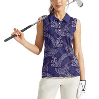 Deep Blue Monstera Women Sleeveless Polo Shirt Polynesian Tribal Pattern - Polynesian Pride