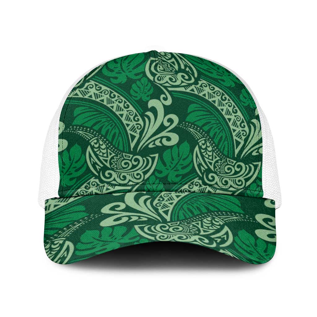 Forest Green Monstera Baseball Net Cap Polynesian Tribal Pattern - Polynesian Pride