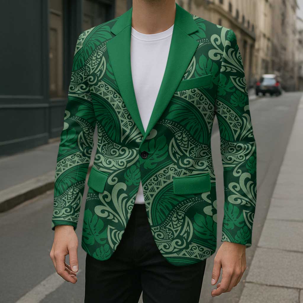 Forest Green Monstera Blazer Polynesian Tribal Pattern - Polynesian Pride