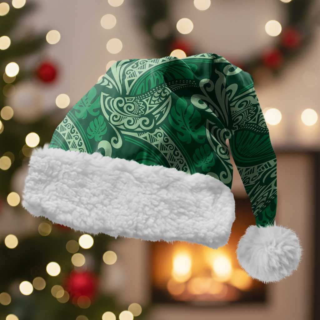 Forest Green Monstera Christmas Santa Hat Polynesian Tribal Pattern - Polynesian Pride