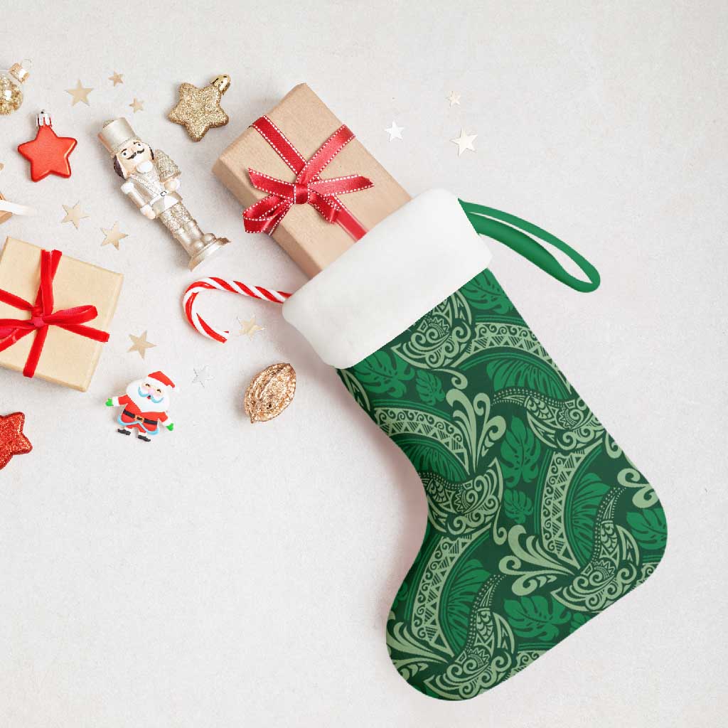 Forest Green Monstera Christmas Stocking Polynesian Tribal Pattern - Polynesian Pride