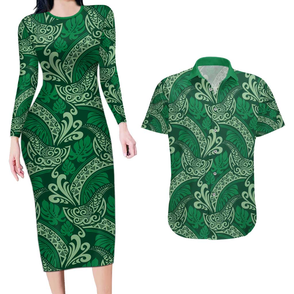 Forest Green Monstera Couples Matching Long Sleeve Bodycon Dress and Hawaiian Shirt Polynesian Tribal Pattern LT01 Green - Polynesian Pride