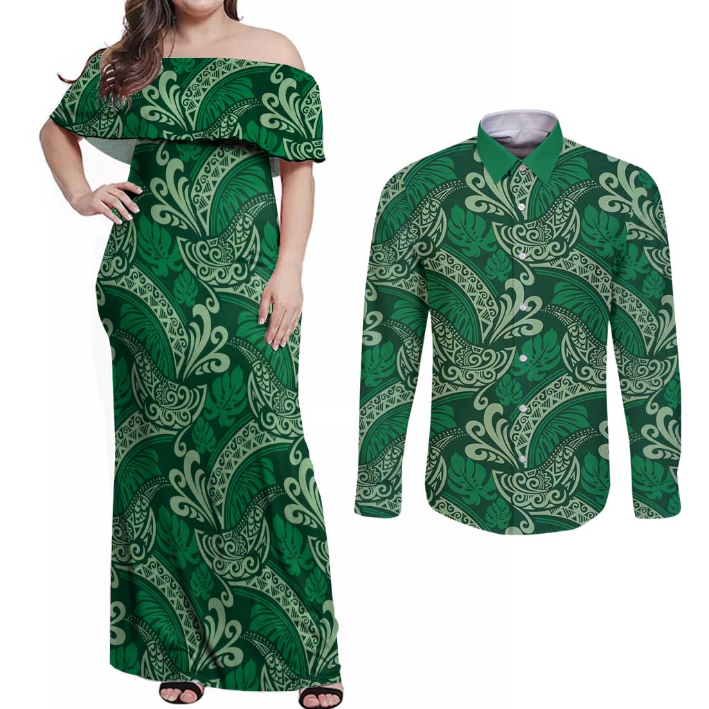 Forest Green Monstera Couples Matching Off Shoulder Maxi Dress and Long Sleeve Button Shirt Polynesian Tribal Pattern LT01 Green - Polynesian Pride