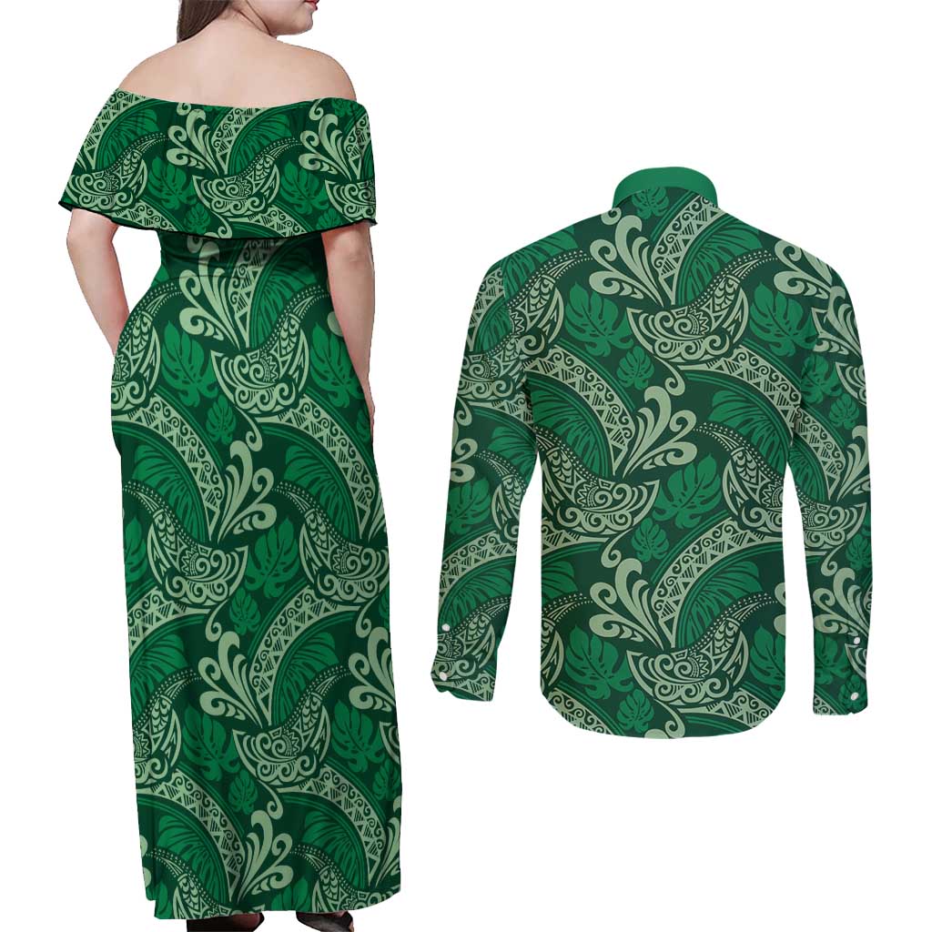 Forest Green Monstera Couples Matching Off Shoulder Maxi Dress and Long Sleeve Button Shirt Polynesian Tribal Pattern LT01 - Polynesian Pride