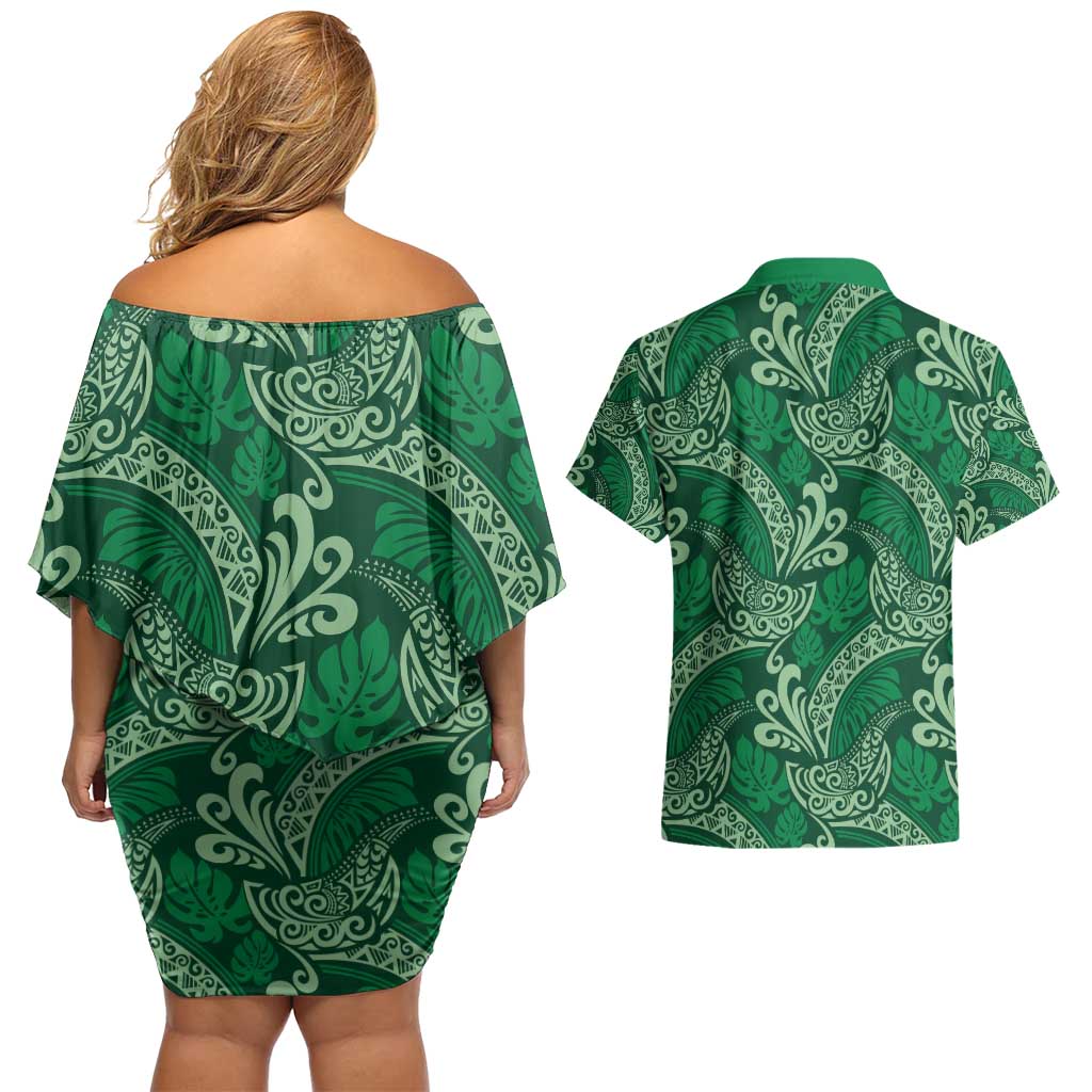 Forest Green Monstera Couples Matching Off Shoulder Short Dress and Hawaiian Shirt Polynesian Tribal Pattern LT01 - Polynesian Pride