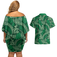 Forest Green Monstera Couples Matching Off Shoulder Short Dress and Hawaiian Shirt Polynesian Tribal Pattern LT01 - Polynesian Pride