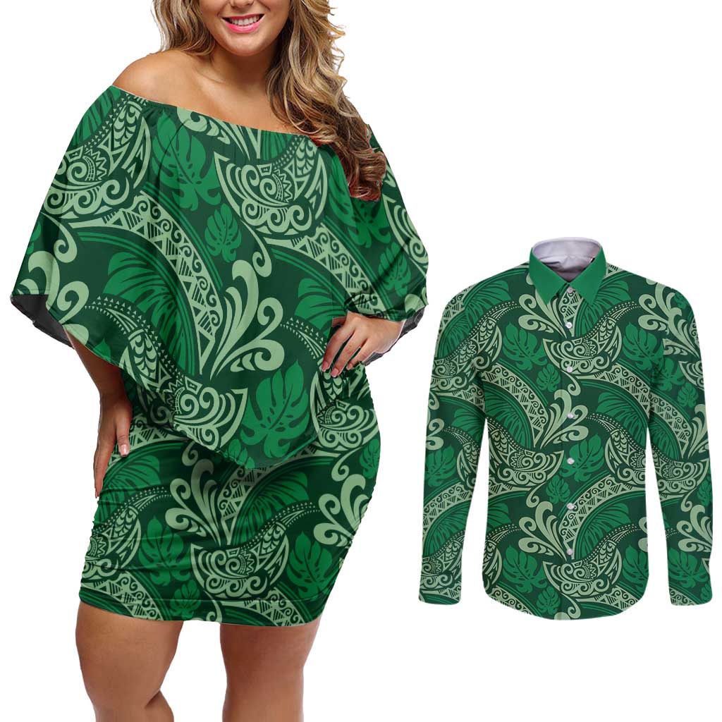 Forest Green Monstera Couples Matching Off Shoulder Short Dress and Long Sleeve Button Shirt Polynesian Tribal Pattern LT01 Green - Polynesian Pride