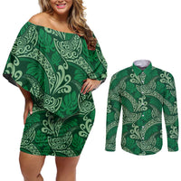 Forest Green Monstera Couples Matching Off Shoulder Short Dress and Long Sleeve Button Shirt Polynesian Tribal Pattern LT01 Green - Polynesian Pride