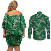 Forest Green Monstera Couples Matching Off Shoulder Short Dress and Long Sleeve Button Shirt Polynesian Tribal Pattern LT01 - Polynesian Pride