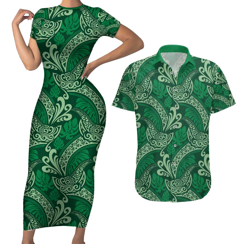 Forest Green Monstera Couples Matching Short Sleeve Bodycon Dress and Hawaiian Shirt Polynesian Tribal Pattern LT01 Green - Polynesian Pride