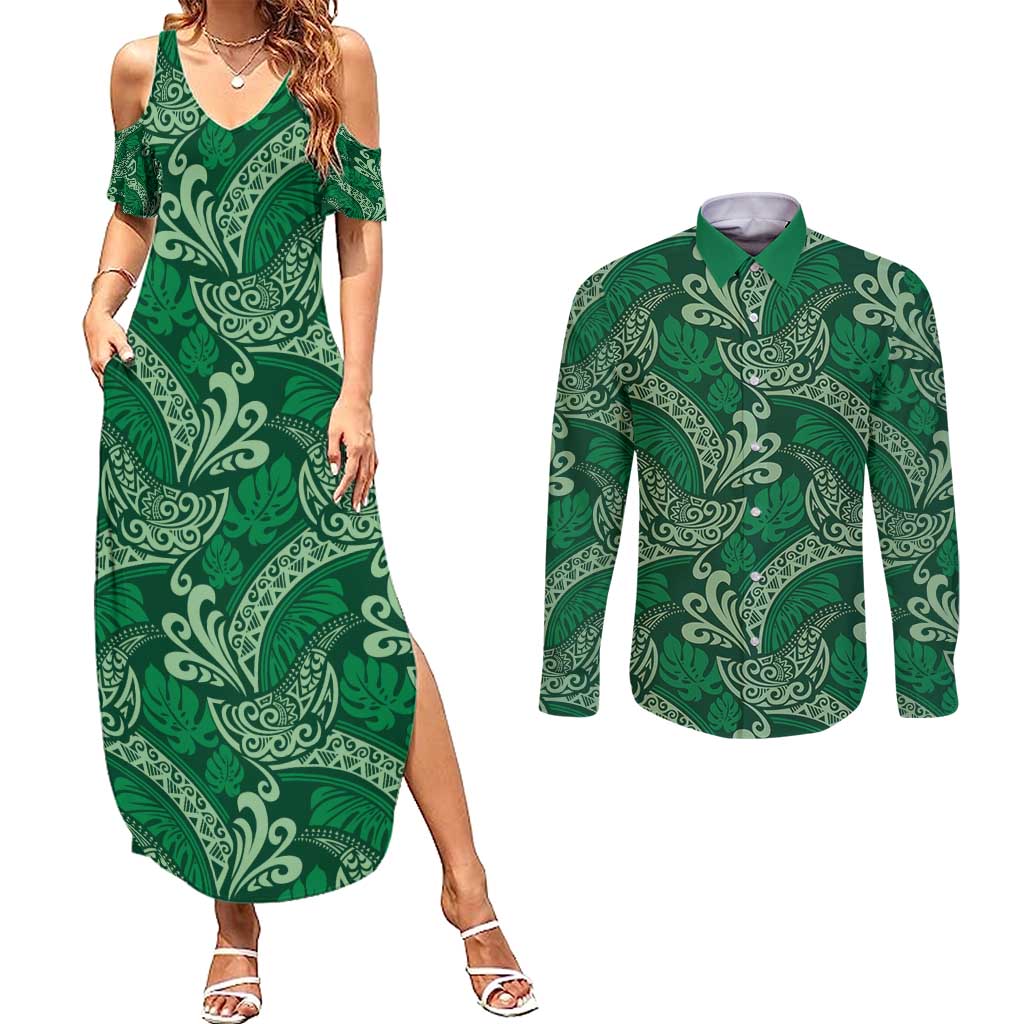 Forest Green Monstera Couples Matching Summer Maxi Dress and Long Sleeve Button Shirt Polynesian Tribal Pattern LT01 Green - Polynesian Pride