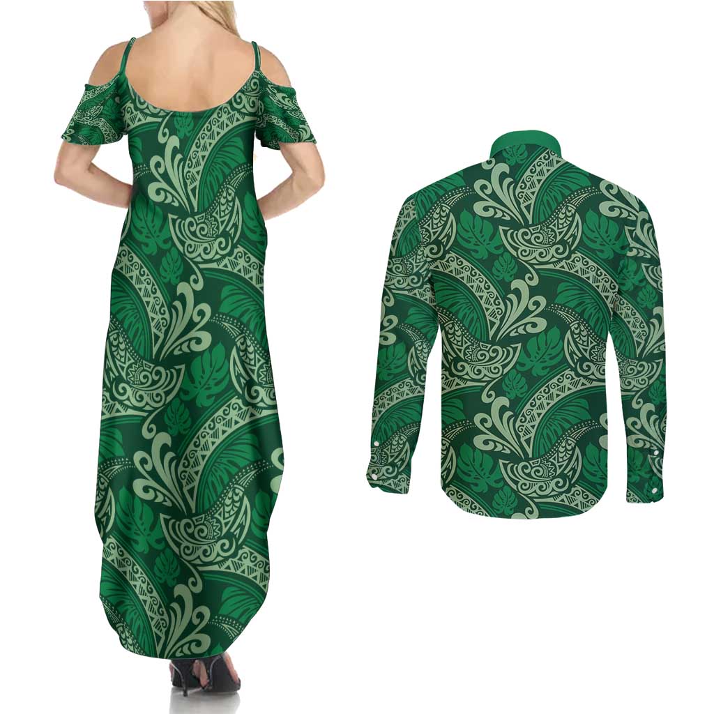 Forest Green Monstera Couples Matching Summer Maxi Dress and Long Sleeve Button Shirt Polynesian Tribal Pattern LT01 - Polynesian Pride