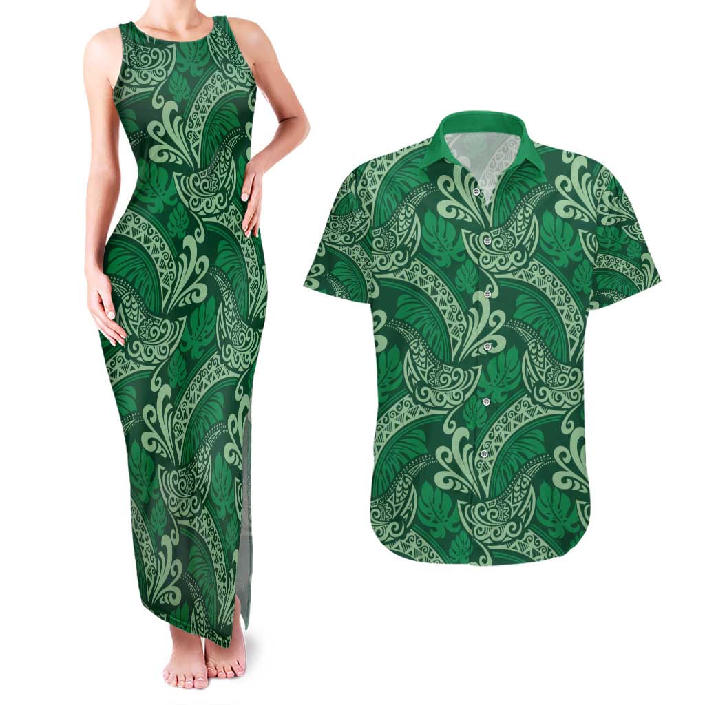 Forest Green Monstera Couples Matching Tank Maxi Dress and Hawaiian Shirt Polynesian Tribal Pattern LT01 Green - Polynesian Pride