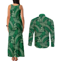 Forest Green Monstera Couples Matching Tank Maxi Dress and Long Sleeve Button Shirt Polynesian Tribal Pattern LT01 - Polynesian Pride