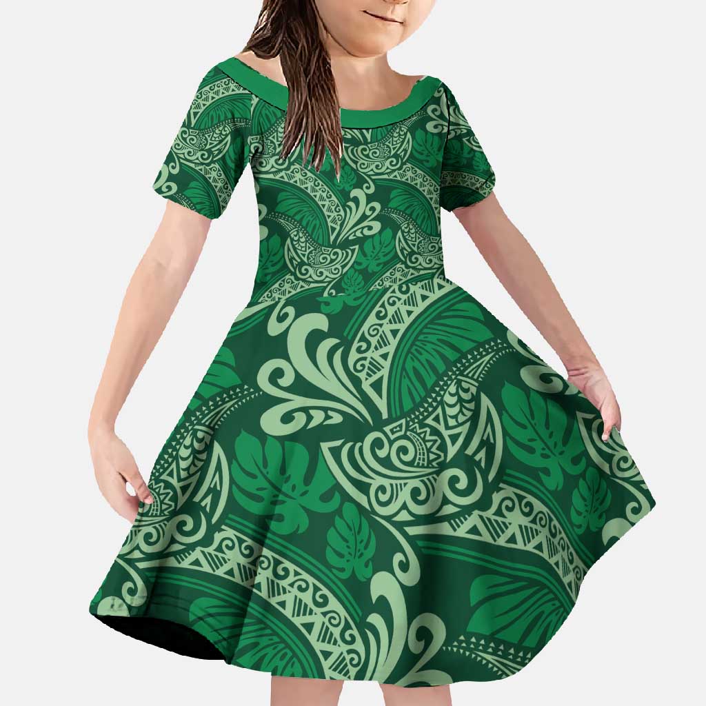 Forest Green Monstera Family Matching Long Sleeve Bodycon Dress and Hawaiian Shirt Polynesian Tribal Pattern - Polynesian Pride