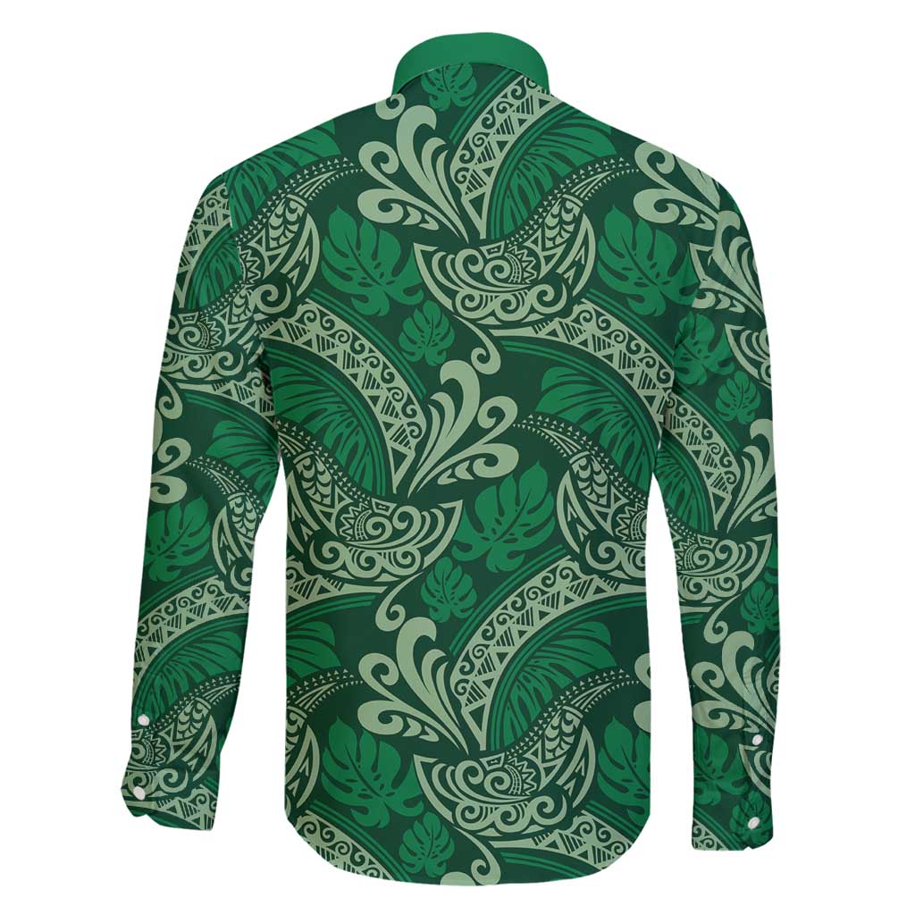 Forest Green Monstera Family Matching Long Sleeve Bodycon Dress and Hawaiian Shirt Polynesian Tribal Pattern - Polynesian Pride