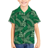 Forest Green Monstera Family Matching Off The Shoulder Long Sleeve Dress and Hawaiian Shirt Polynesian Tribal Pattern - Polynesian Pride