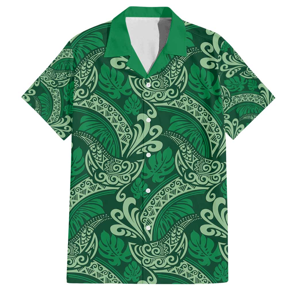 Forest Green Monstera Family Matching Off Shoulder Short Dress and Hawaiian Shirt Polynesian Tribal Pattern - Polynesian Pride