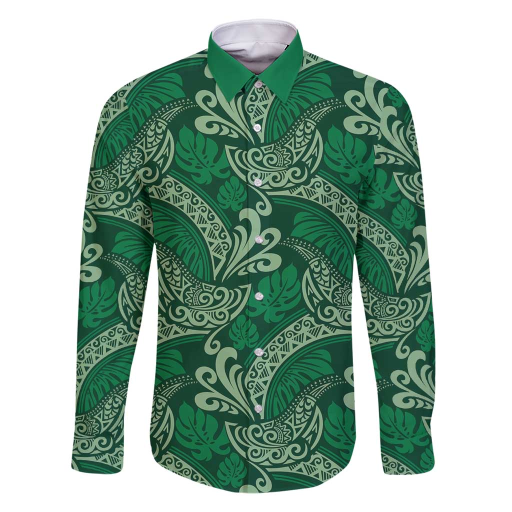 Forest Green Monstera Family Matching Off Shoulder Short Dress and Hawaiian Shirt Polynesian Tribal Pattern - Polynesian Pride