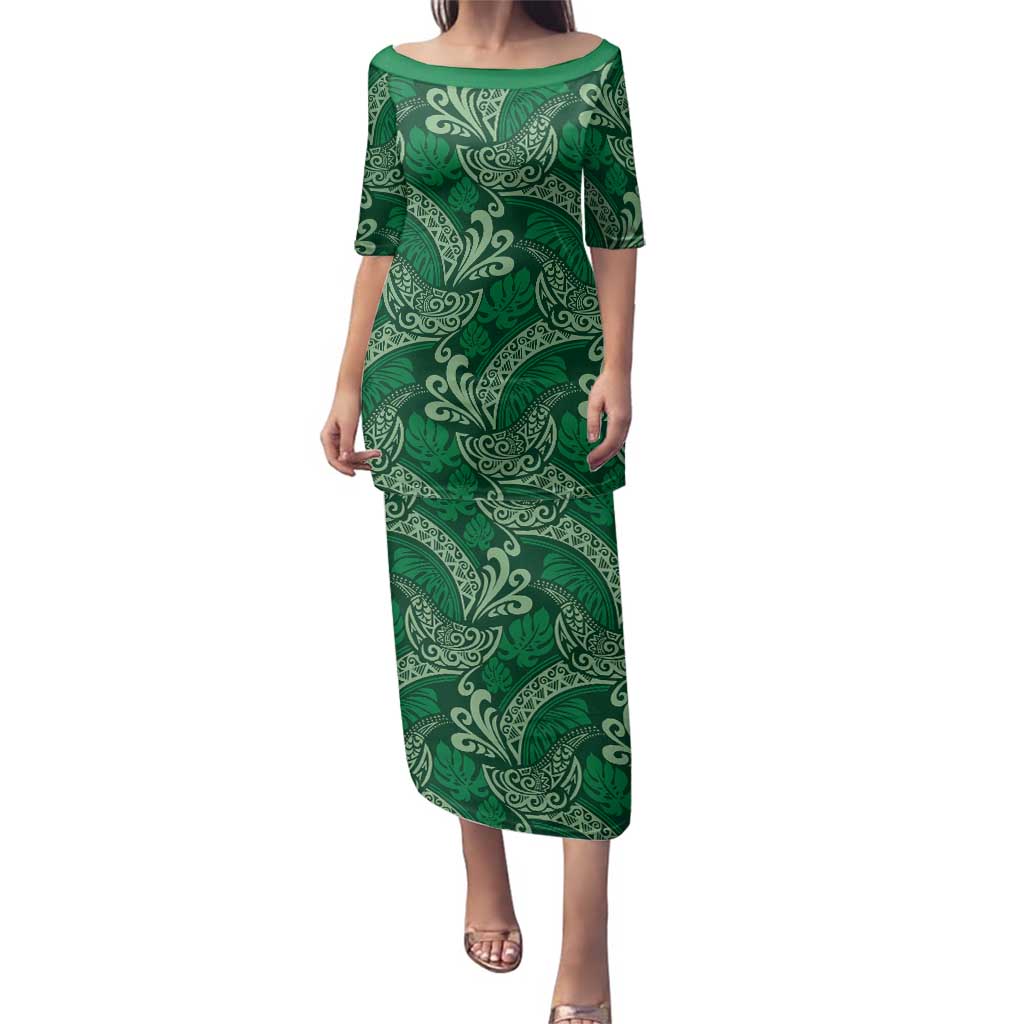 Forest Green Monstera Family Matching Puletasi and Hawaiian Shirt Polynesian Tribal Pattern - Polynesian Pride