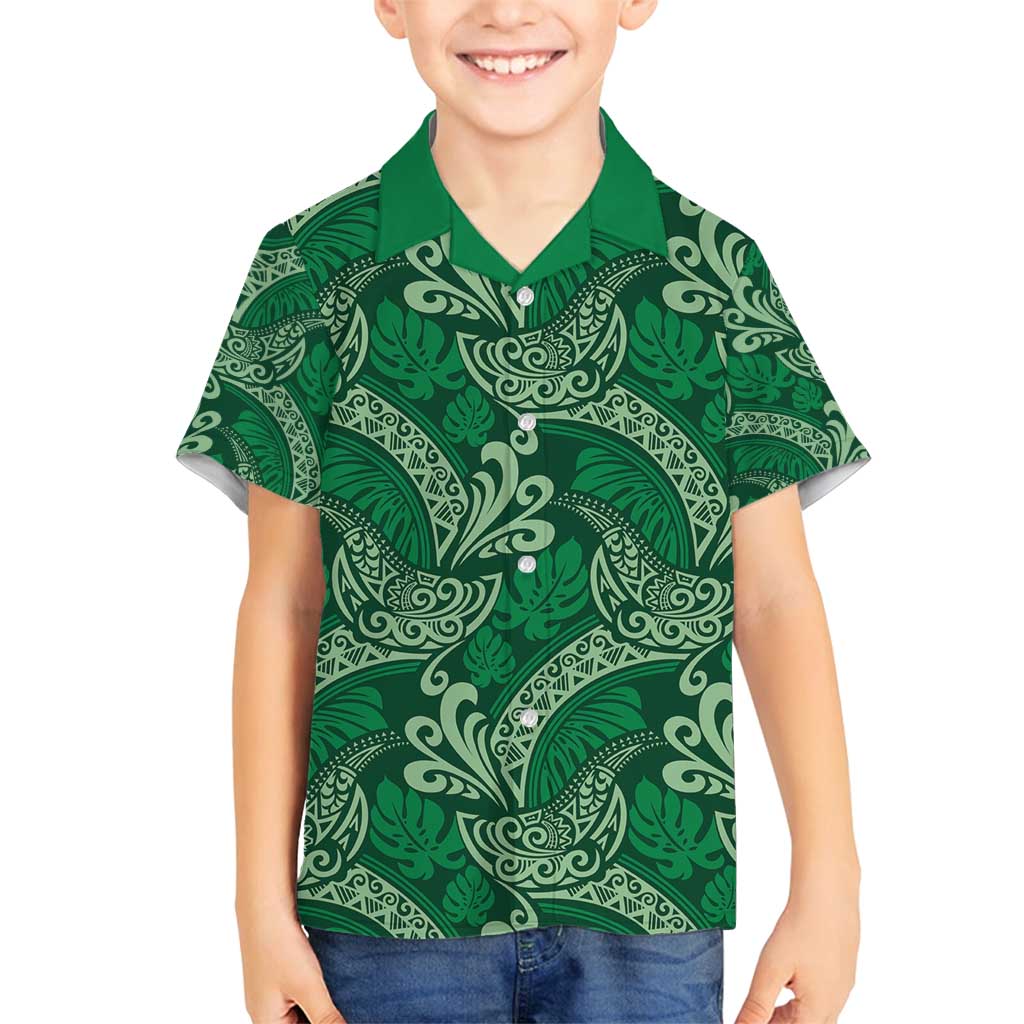 Forest Green Monstera Family Matching Summer Maxi Dress and Hawaiian Shirt Polynesian Tribal Pattern - Polynesian Pride