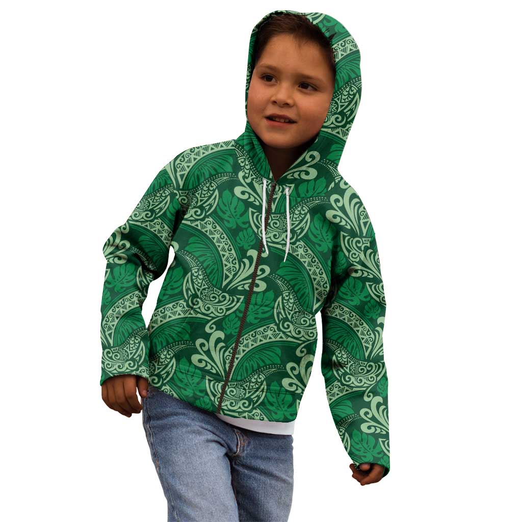 Forest Green Monstera Kid Hoodie Polynesian Tribal Pattern - Polynesian Pride