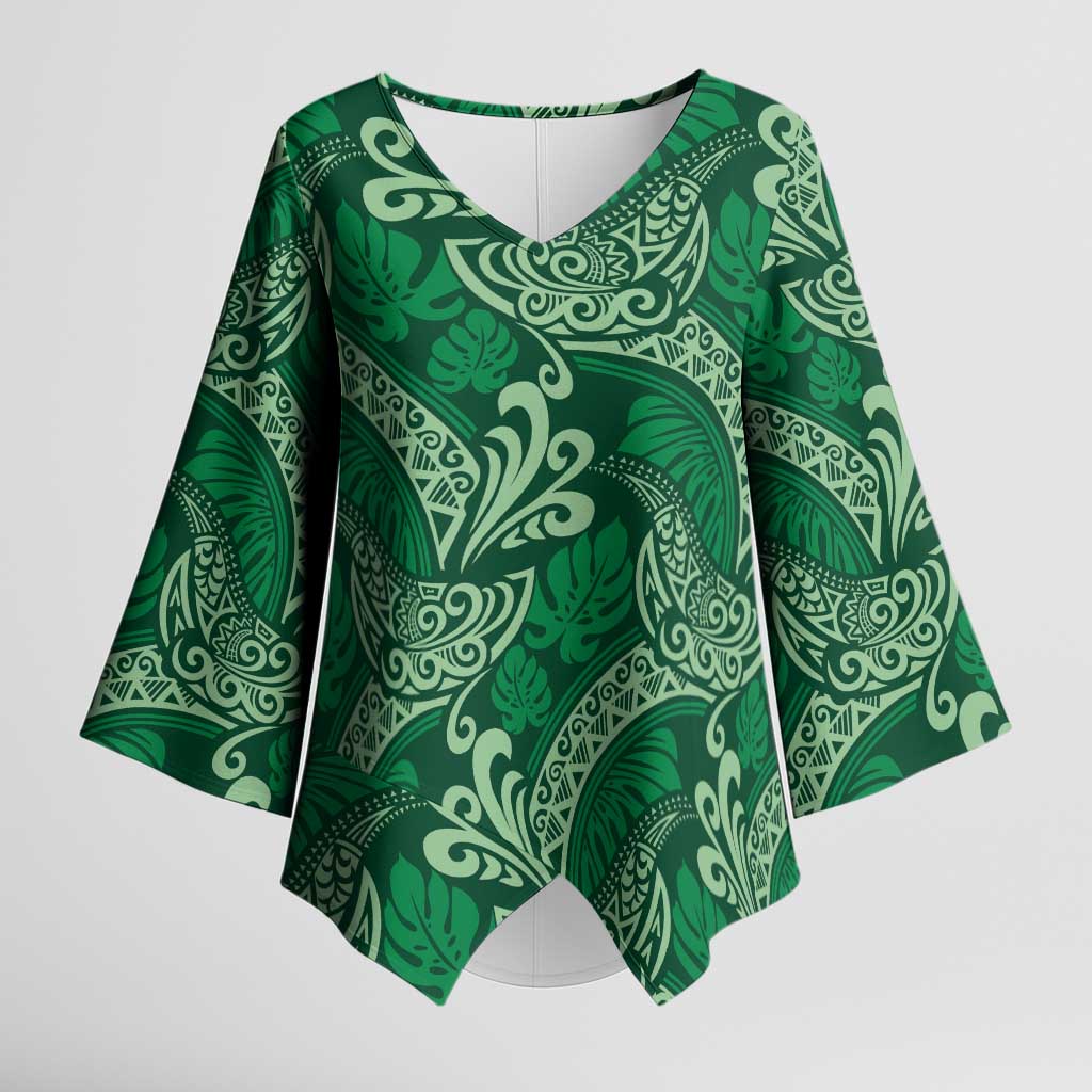 Forest Green Monstera Kimono Sleeve Blouse Polynesian Tribal Pattern LT01 Female Green - Polynesian Pride