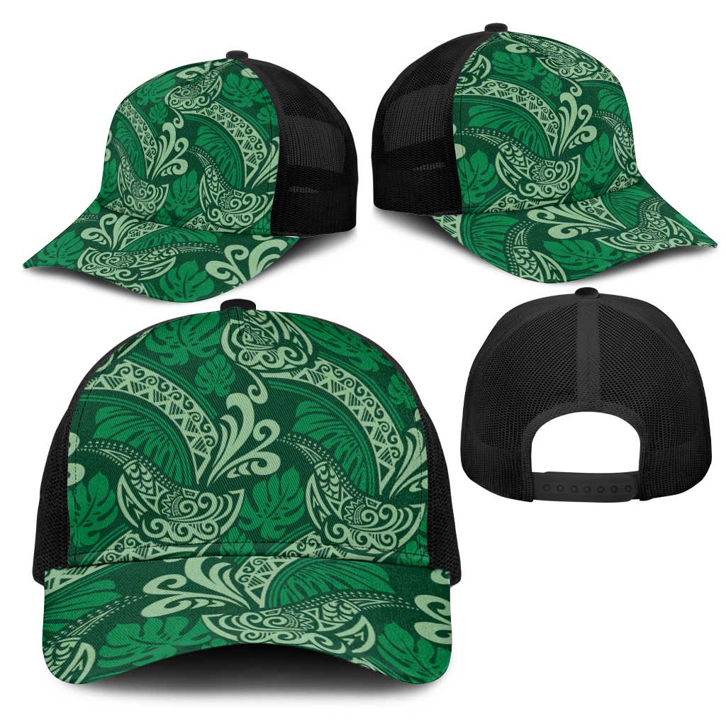 Forest Green Monstera Mesh Trucker Cap Polynesian Tribal Pattern - Polynesian Pride