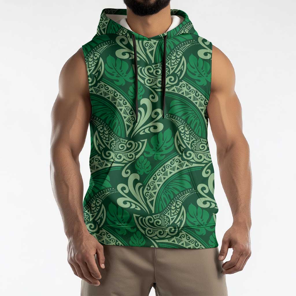 Forest Green Monstera Sleeveless Hoodie Polynesian Tribal Pattern - Polynesian Pride