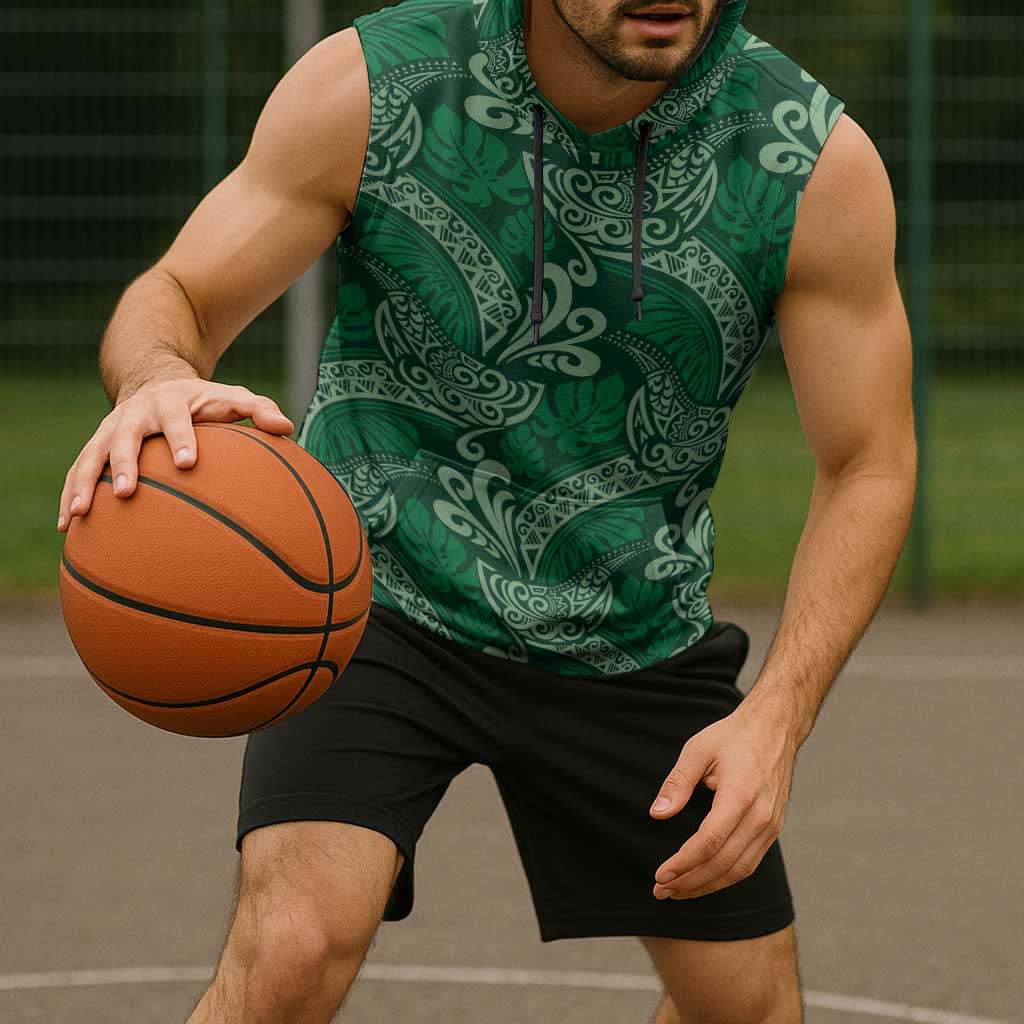 Forest Green Monstera Sleeveless Hoodie Polynesian Tribal Pattern - Polynesian Pride
