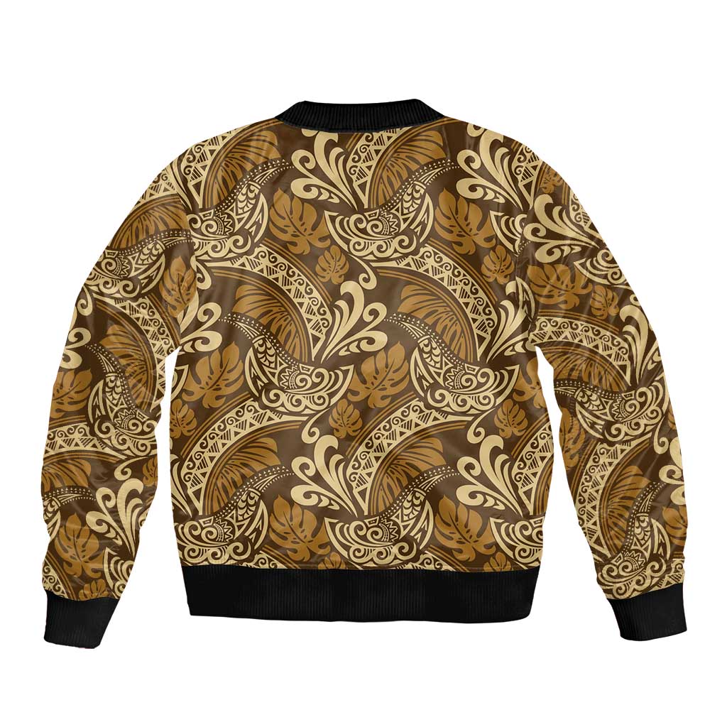 Brown Gold Monstera Bomber Jacket Polynesian Tribal Pattern - Polynesian Pride