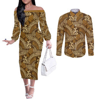 Brown Gold Monstera Couples Matching Off The Shoulder Long Sleeve Dress and Long Sleeve Button Shirt Polynesian Tribal Pattern - Polynesian Pride