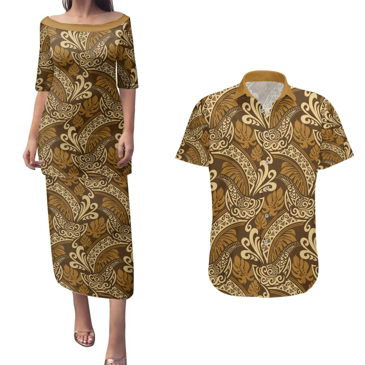 Brown Gold Monstera Couples Matching Puletasi and Hawaiian Shirt Polynesian Tribal Pattern - Polynesian Pride